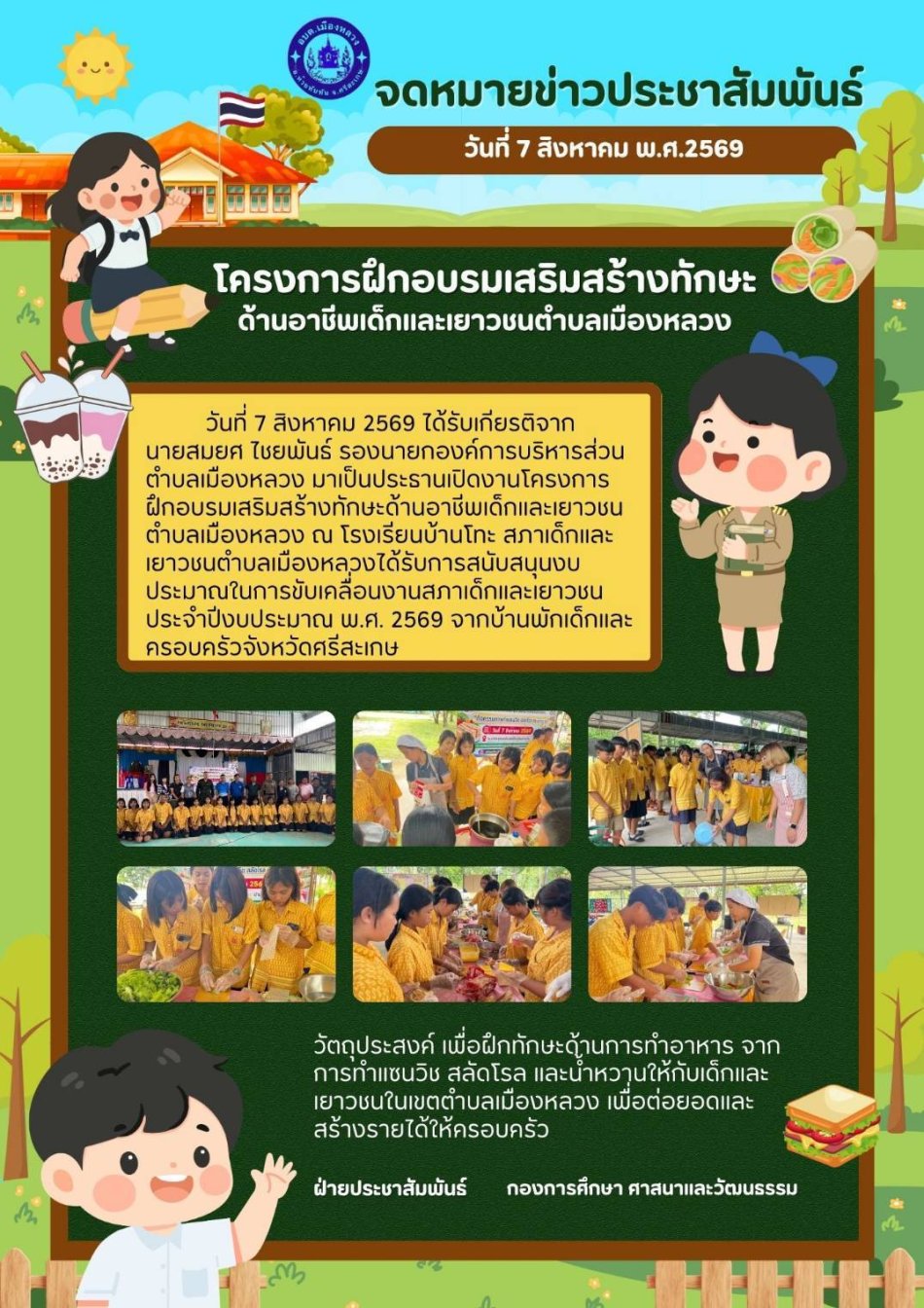 โครงการฝึกอบรมเสริมสร้างทักษะด้านอาชีพเด็กและเยาวชนตำบลเมืองหลวง กิจกรรมการทำแซนวิช สลัดโรล และน้ำหวาน
